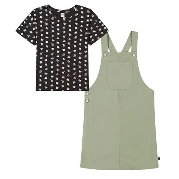 NWT Girls Sz  XS (4/5) Black Floral Top & Light Green Jumper Dress 2 Pc Set GAP - Picture 4 of 6